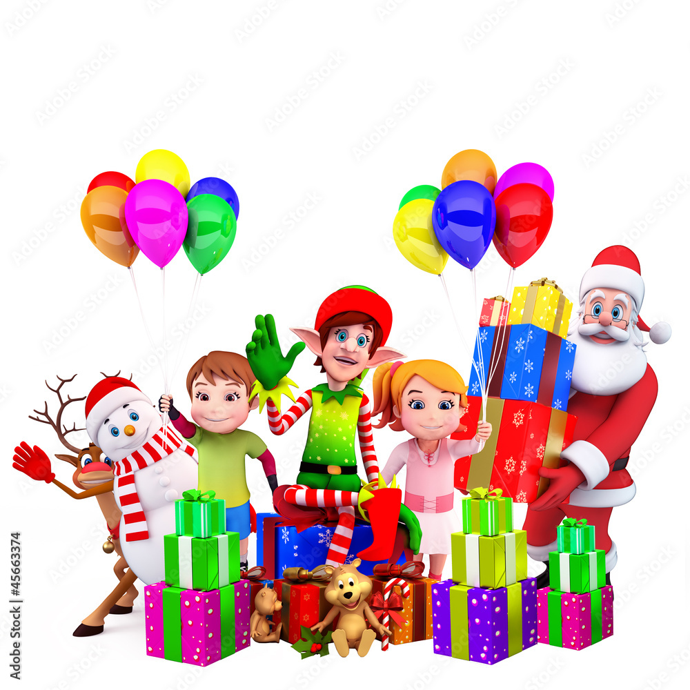 Fototapeta premium elves sitting on a box with santa and kids