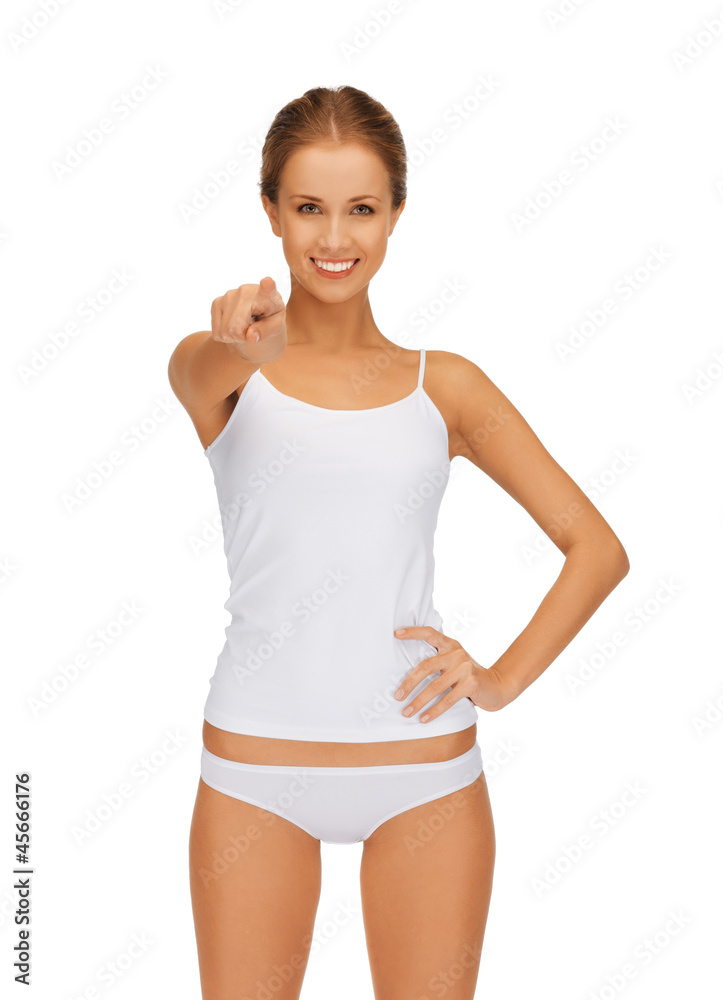 woman in cotton undrewear pointing her finger woman in cotton undrewear pointing her finger