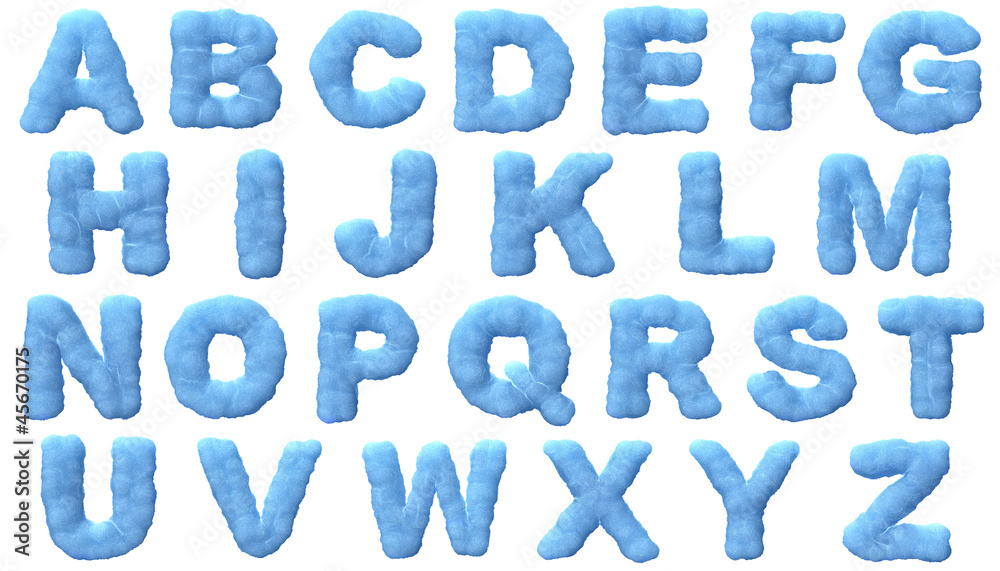 Ice alphabet isolated on white background.
