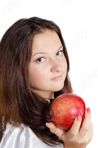pretty girl offers a apple isolated