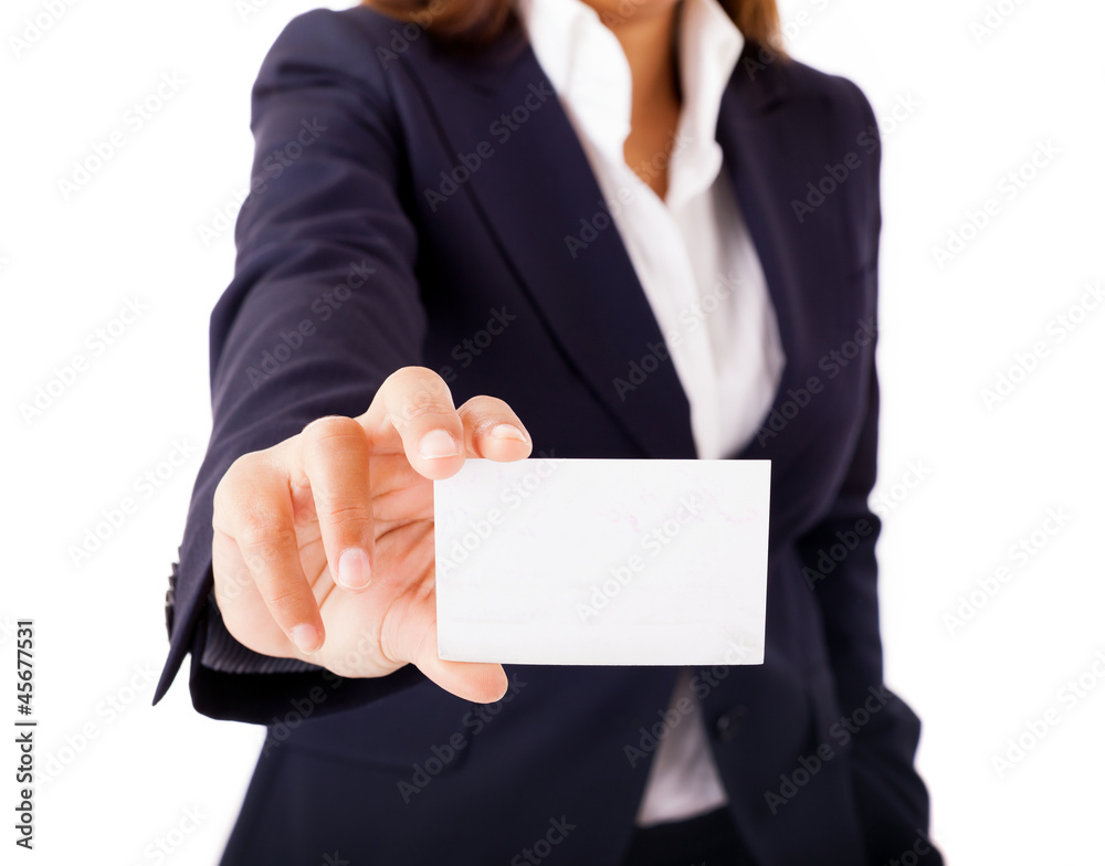 Businesswoman showing and handing a blank business card. Isolate Businesswoman showing and handing a blank business card. Isolate