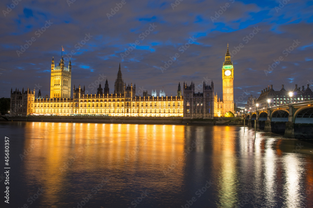 Lights of Houses of Parliament and Big Ben at Dusk, front view -