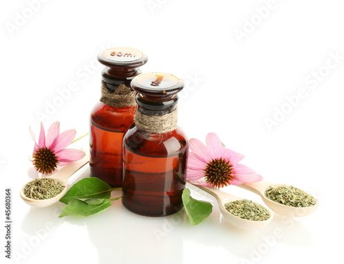 Fototapeta Naklejka Na Ścianę i Meble -  medicine bottles with purple echinacea , isolated on white