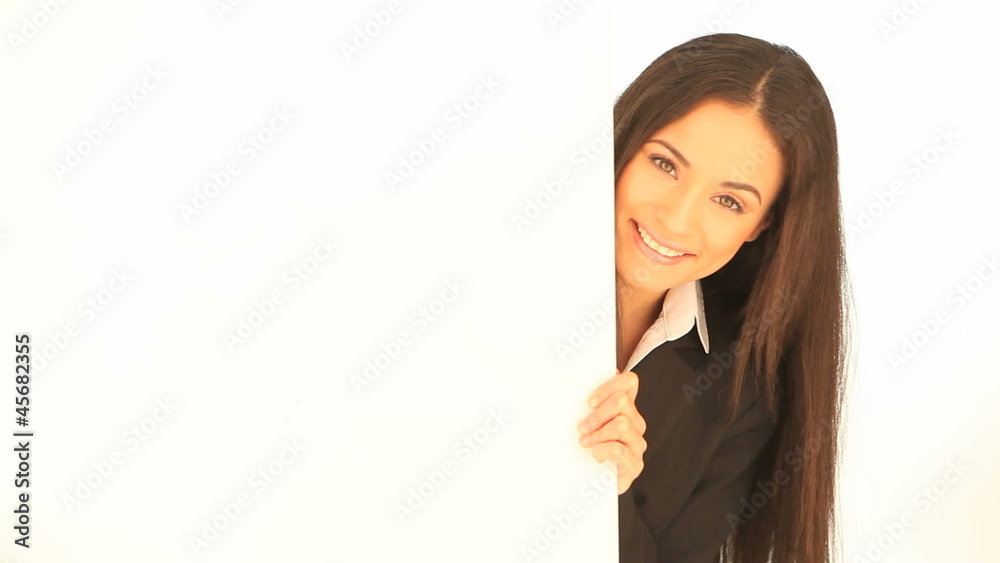 Beautiful businesswoman with advert board Beautiful businesswoman with advert board