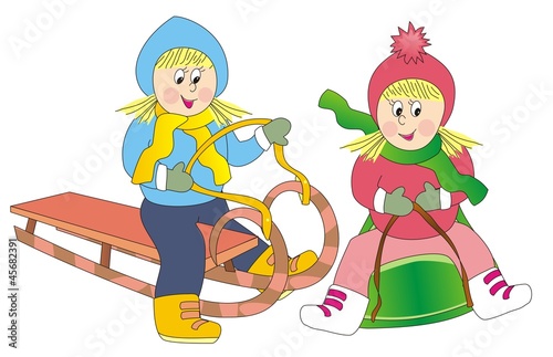 girls on the sled and bobsleigh