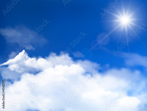 Blue sky with clouds and sun. Vector background.