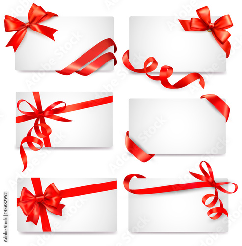 Set of card notes with red gift bows with ribbons