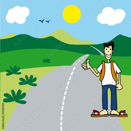 route, paysage, auto stop, personnage, autoroute,