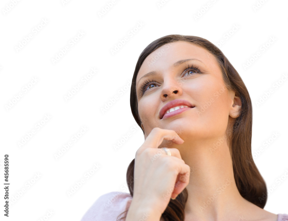 Beautiful young woman daydreaming over white background with fin Beautiful young woman daydreaming over white background with fin