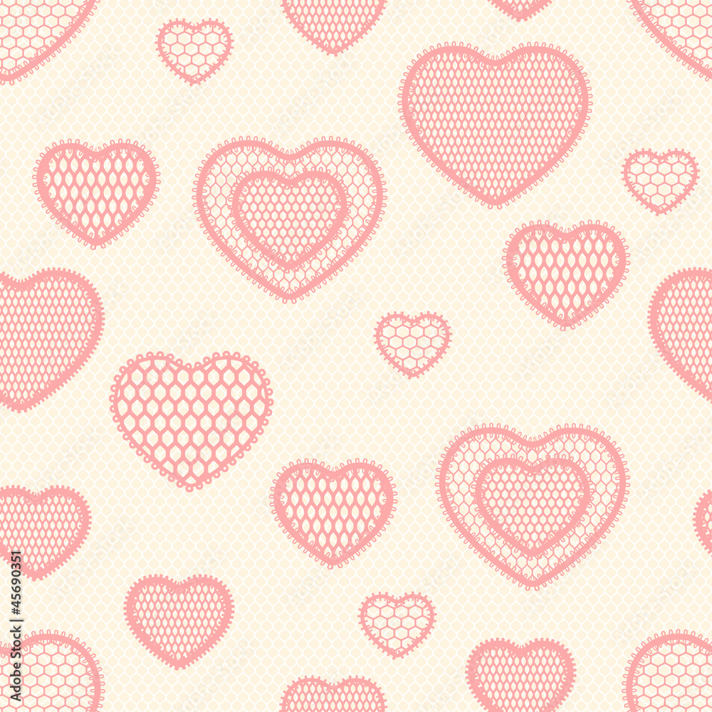 Old lace background, seamless pattern with hearts.