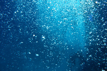 Fototapete Unterwasser Aufsteigende Luftblasen im blauen Wasser  © flucas