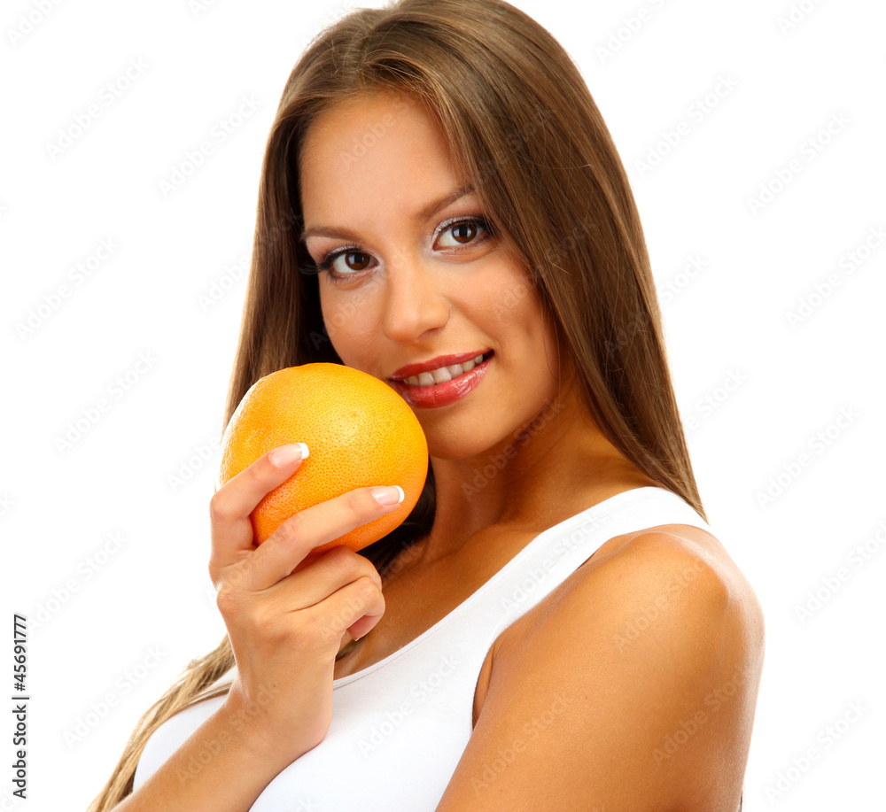 beautiful young woman with orange, isolated on white beautiful young woman with orange, isolated on white