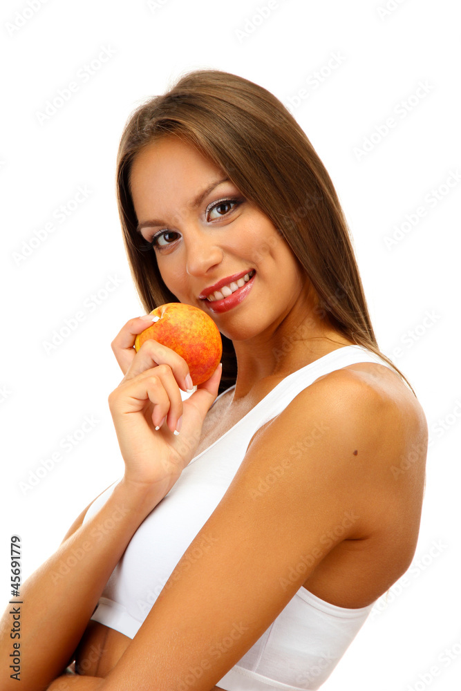 beautiful young woman with peach, isolated on white beautiful young woman with peach, isolated on white