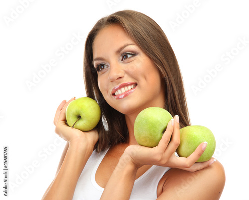 beautiful young woman with green apples, isolated on white