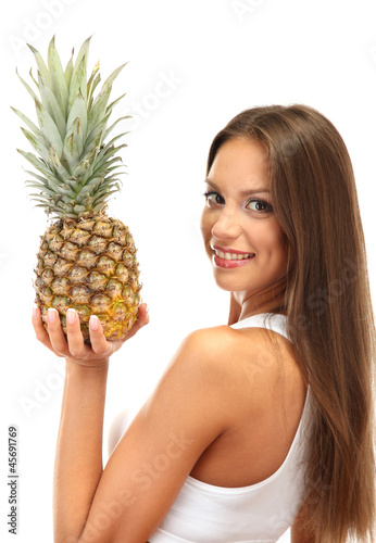 beautiful young woman with pineapple, isolated on white