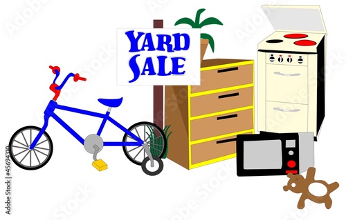 Sign on a lawn with items for sale at their yard sale