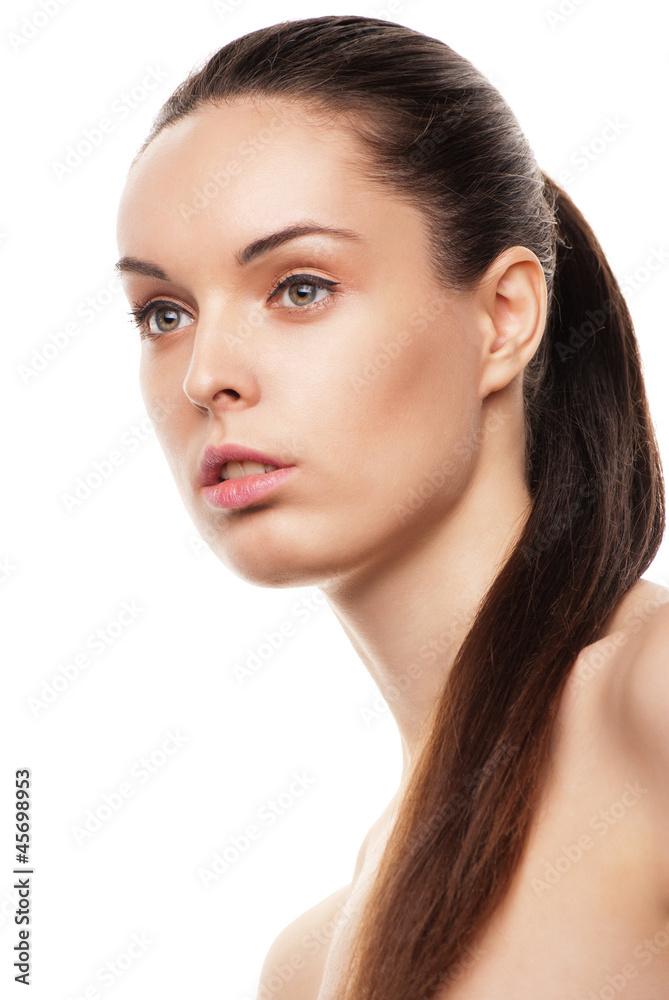Beautiful woman's face with clean skin on white Beautiful woman's face with clean skin on white