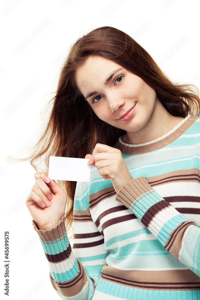 Young woman showing business card