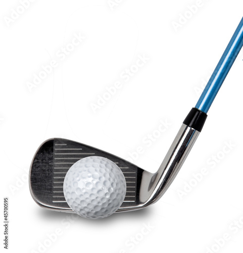 Golf club and ball on white