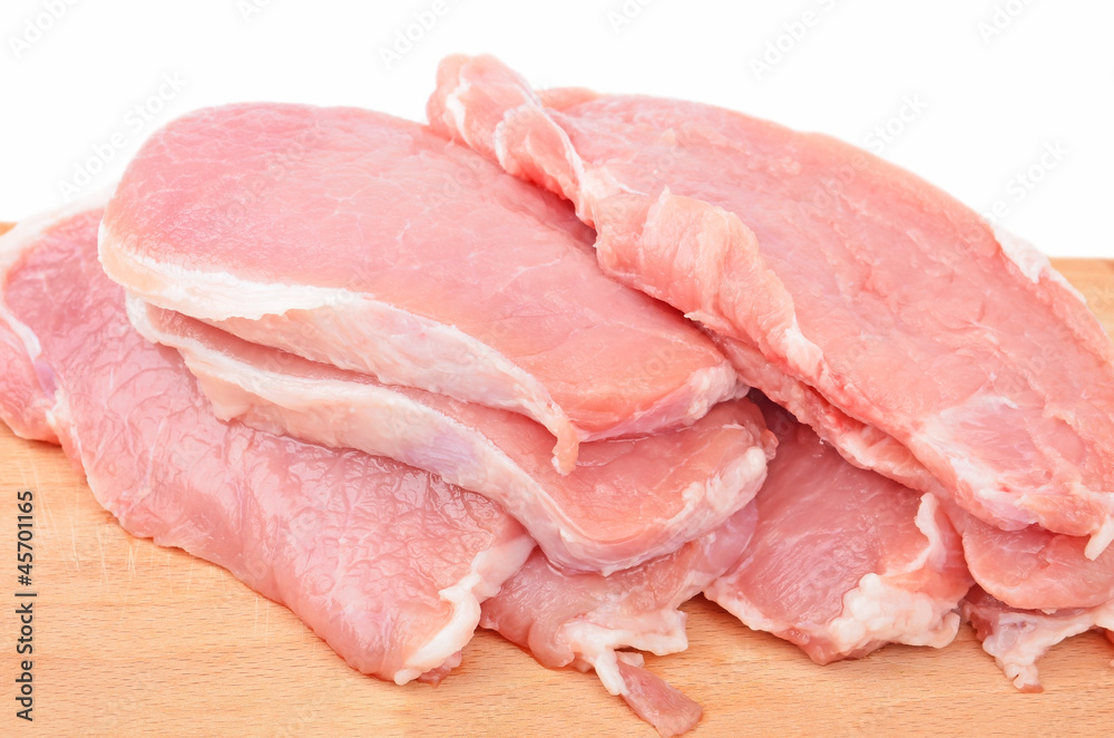 Raw meat steaks on wooden board, isolated on white background Raw meat steaks on wooden board, isolated on white background
