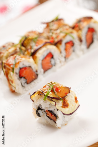 sushi with eggplant and salmon