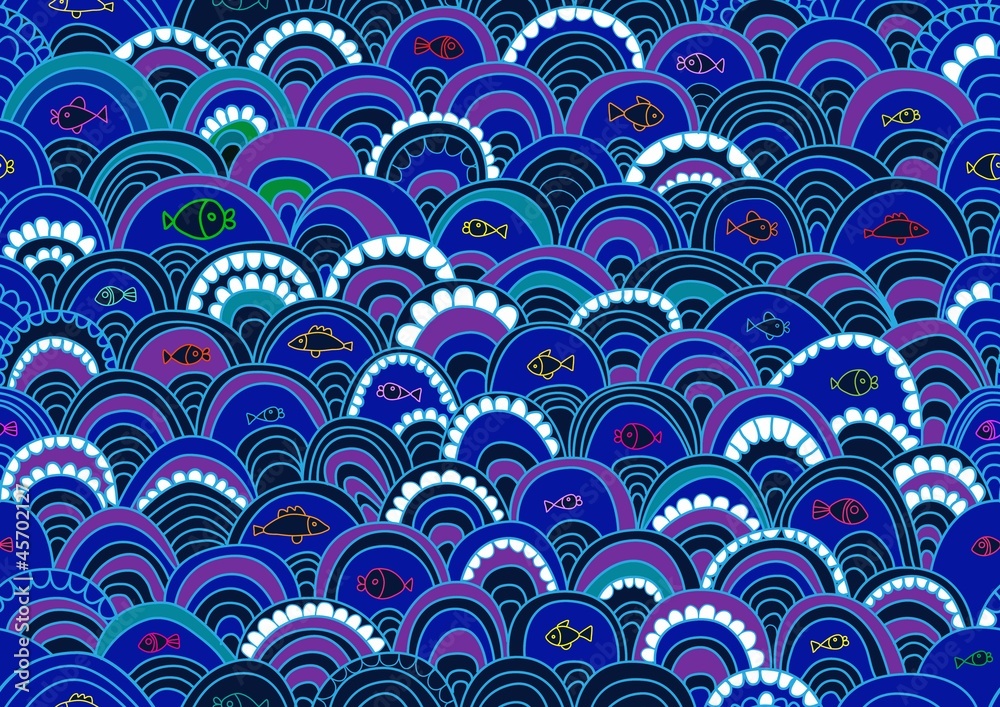 Abstract hand-drawing Seamless pattern with fish and waves Abstract hand-drawing Seamless pattern with fish and waves