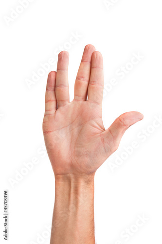 Male palm hand vulcan gesture, isolated on white