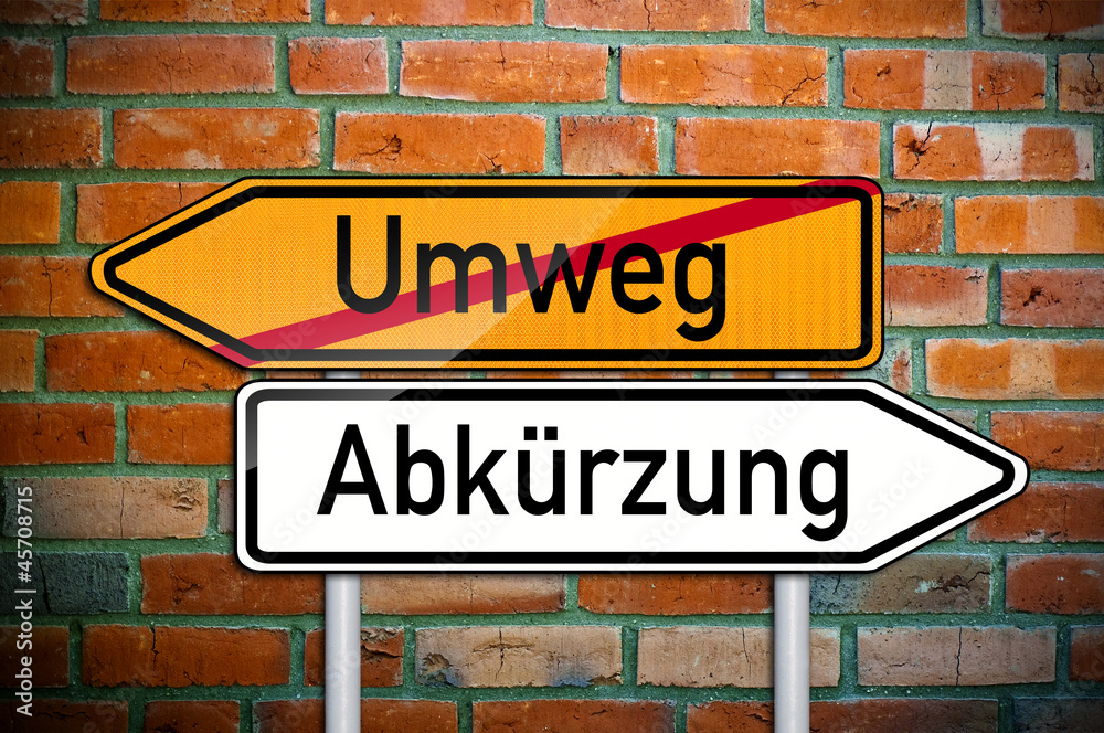 Wegweiser mit Umweg und Abkürzung Wegweiser mit Umweg und Abkürzung