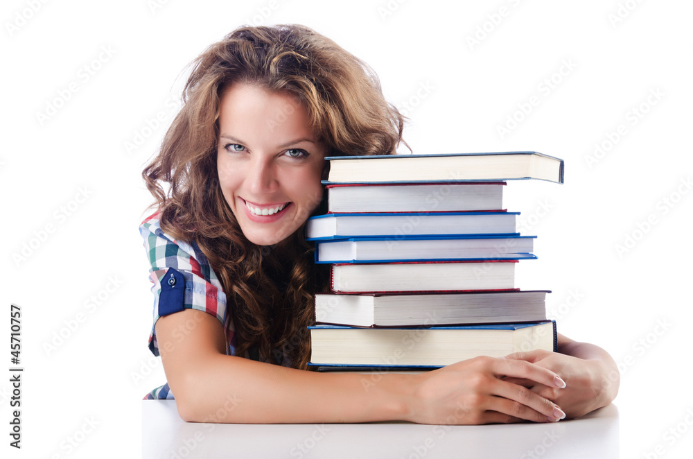 Student with lots of books on white Student with lots of books on white