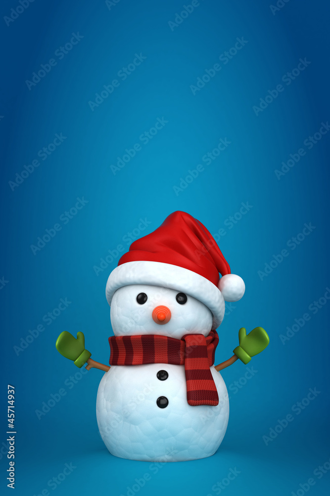 3d render of a snowman wearing santa hat and gloves in blue back