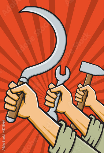 Raised Fists Holding Tools in Soviet Propaganda Style