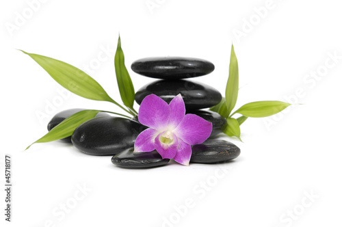 Beautiful orchid and bamboo leaf with stacked stones