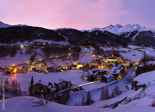Mountains ski resort Solden Austria at sunset photo