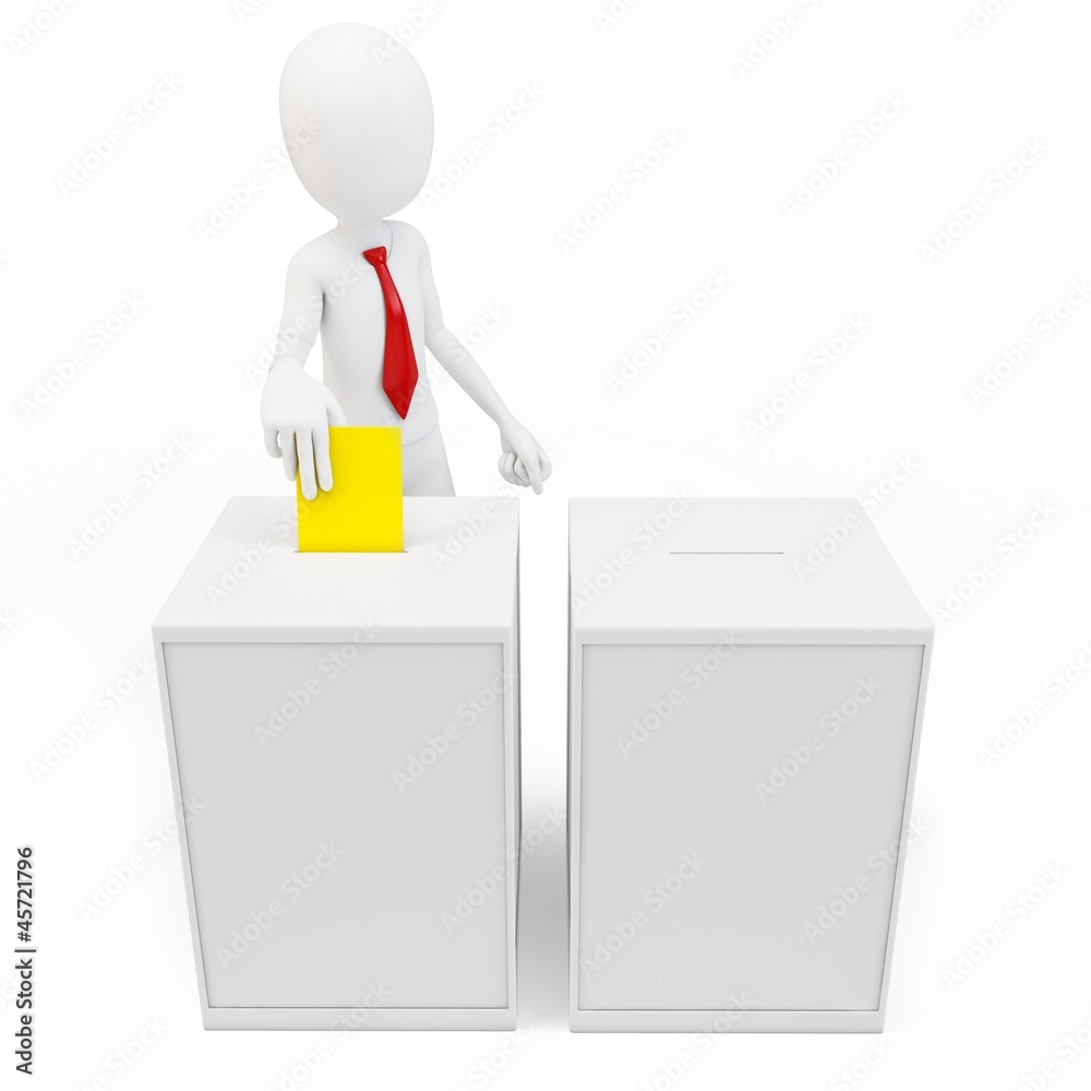 3d man with tie before a ballot box voting 3d man with tie before a ballot box voting
