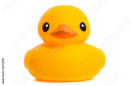 Fotografie Yellow rubber duck - bath toys on a white background