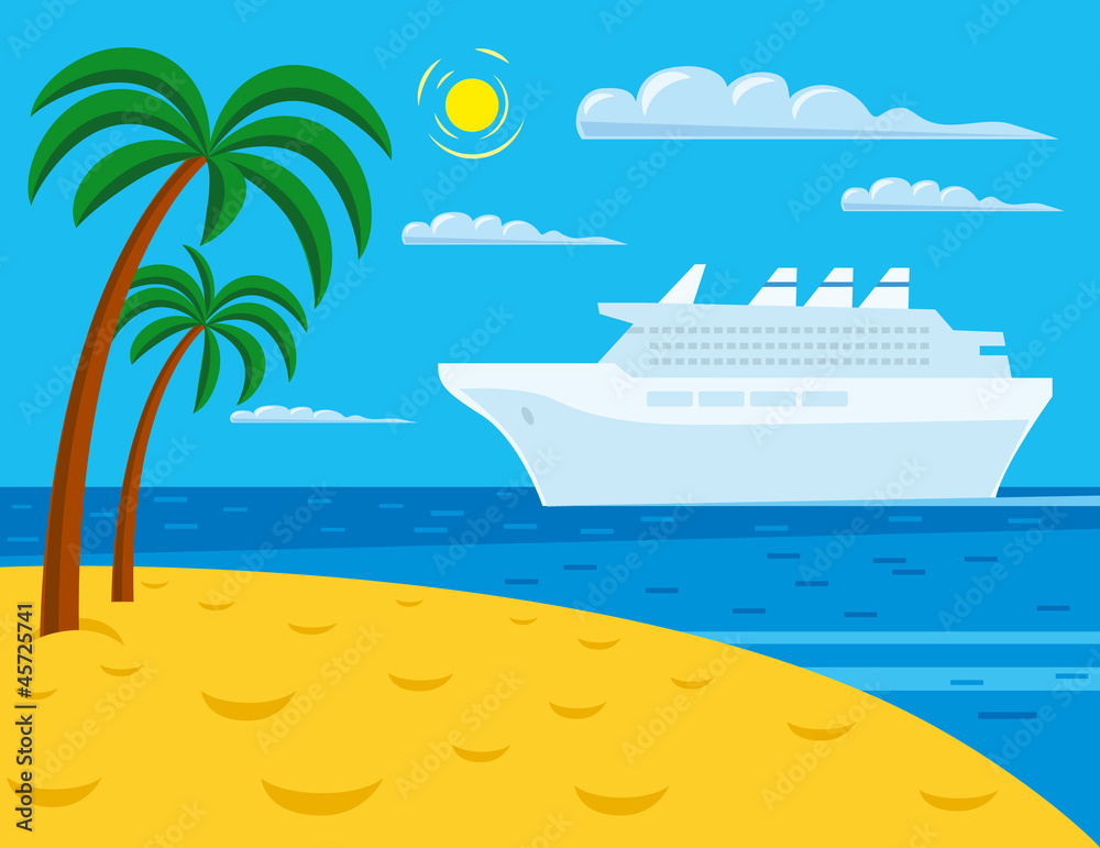 passenger cruise liner near tropical beach