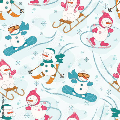 Seamless pattern with winter sport  snowman