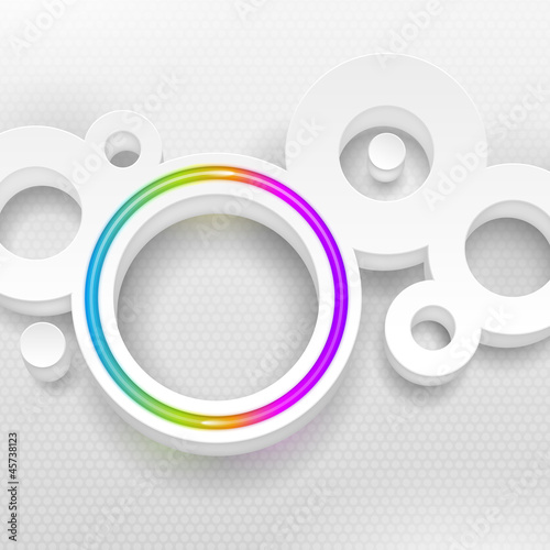 Abstract white round shape with multicolor neon circle