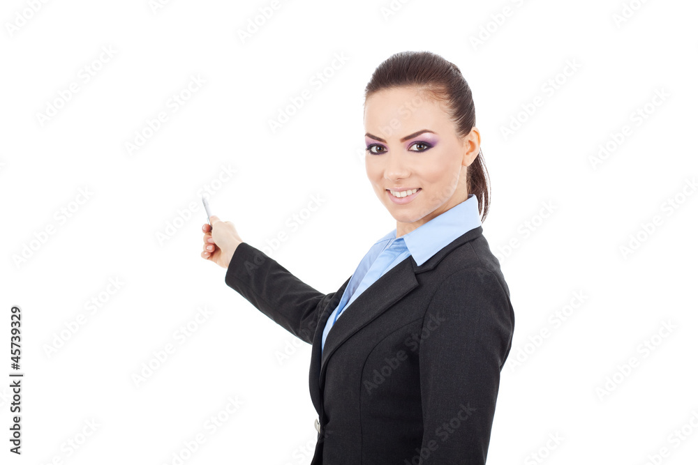 woman presenting something in the back woman presenting something in the back