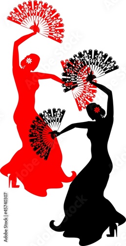 Silhouette of two flamenco dancers with a fan