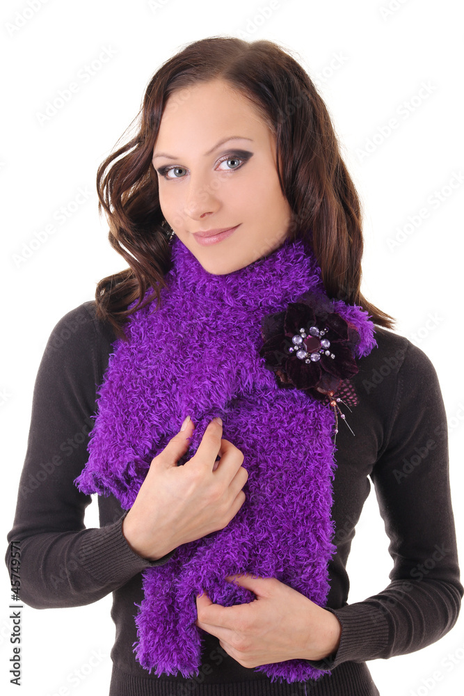 Happy woman in violet scarf Happy woman in violet scarf