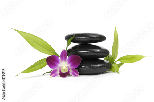 Three zen stones with orchid and bamboo leaf isolated