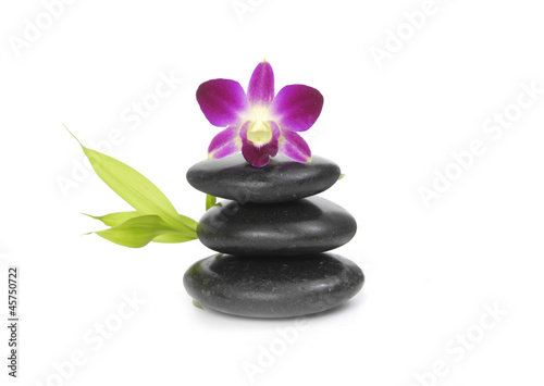 Pink orchid, Zen pebbles balance. and bamboo leaf