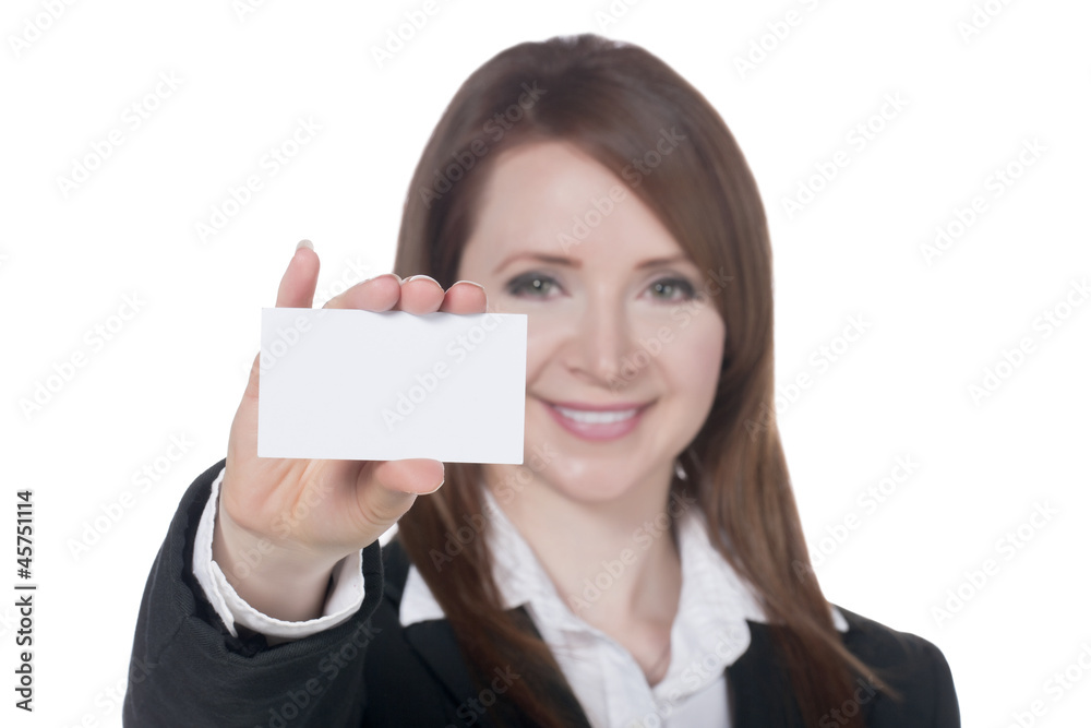 a smiling businesswoman holding empty card a smiling businesswoman holding empty card