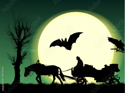 Night of Halloween: horse put to cart in field under full moon