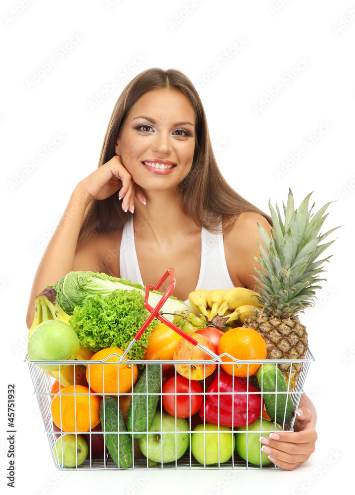 beautiful young woman with fruits and vegetables in shopping