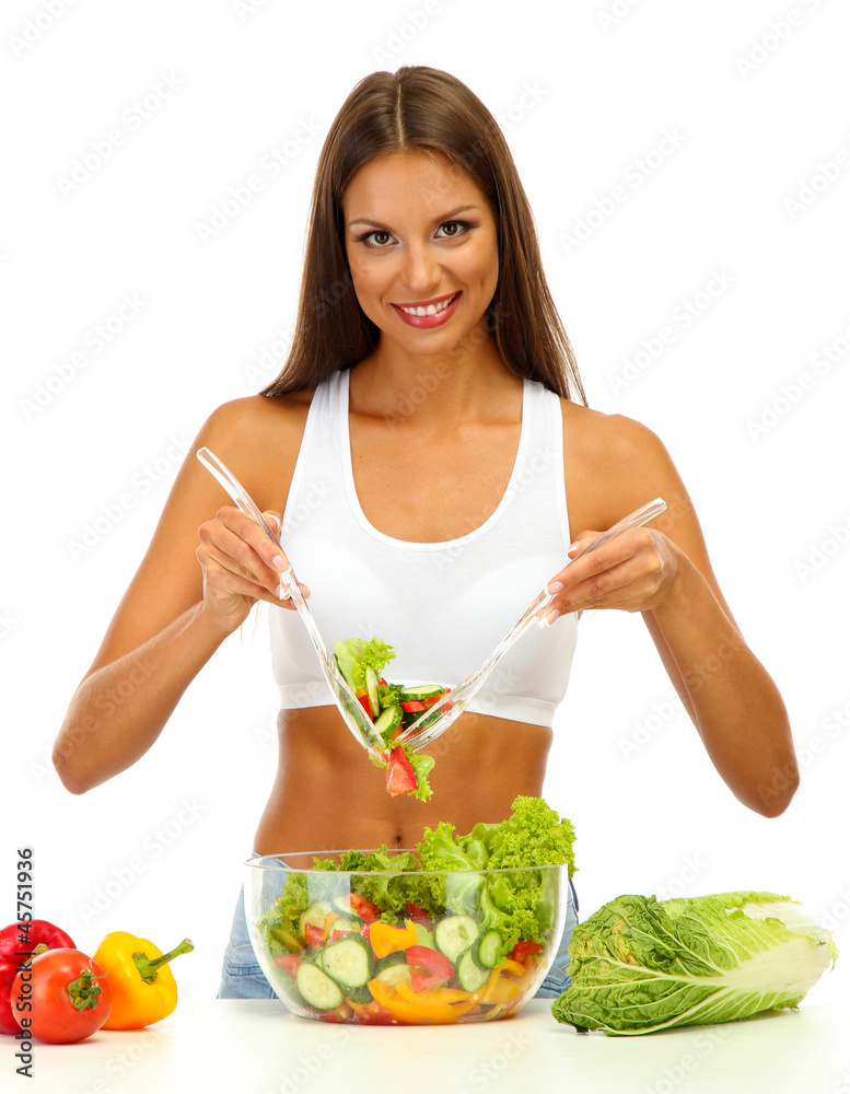 beautiful young woman with salad, isolated on white beautiful young woman with salad, isolated on white