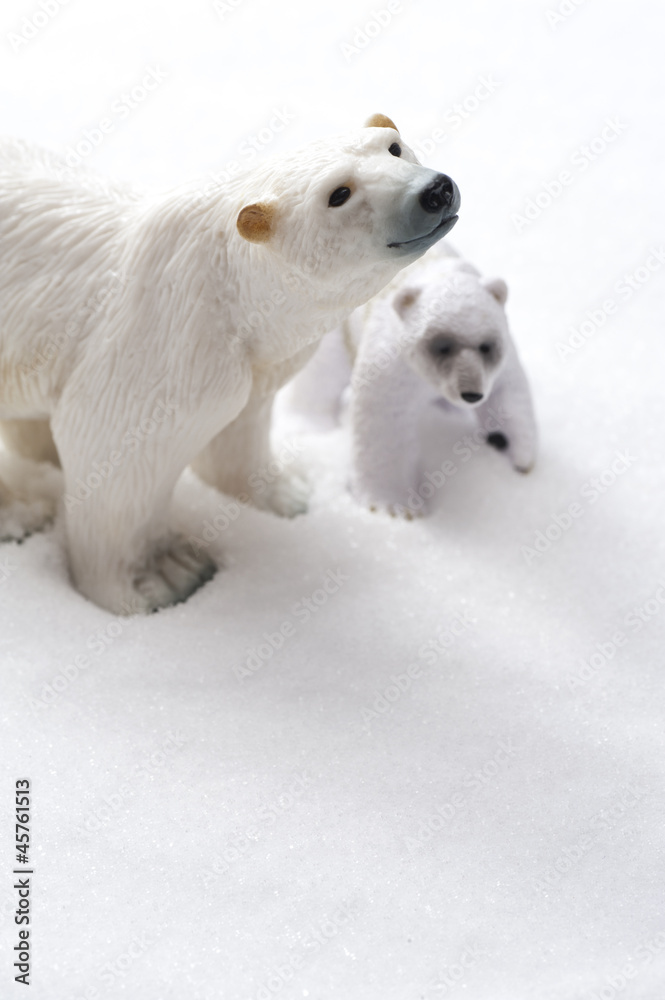 雪の背景にシロクマの親子