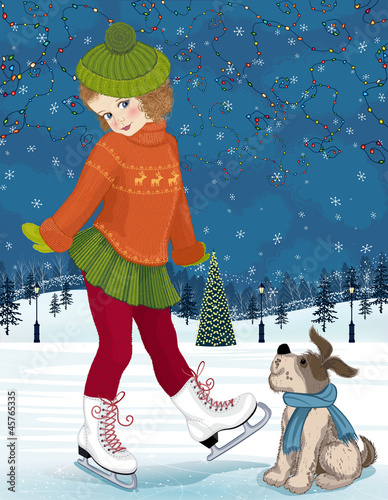 Little girl with dog at skating rink