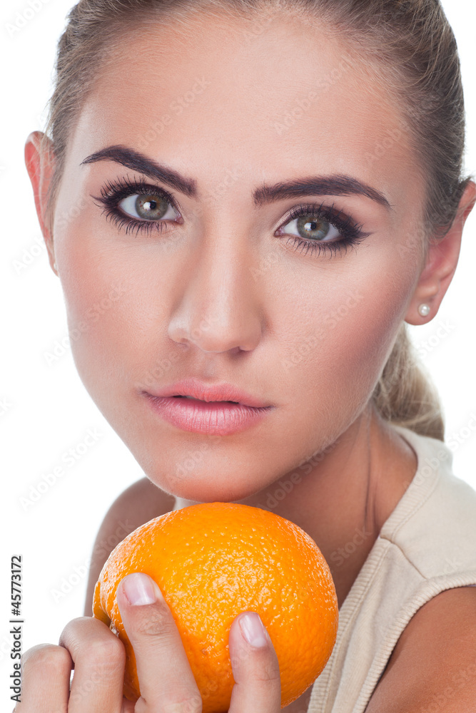 Close-up portrait of happy young woman with juice on white backg Close-up portrait of happy young woman with juice on white backg